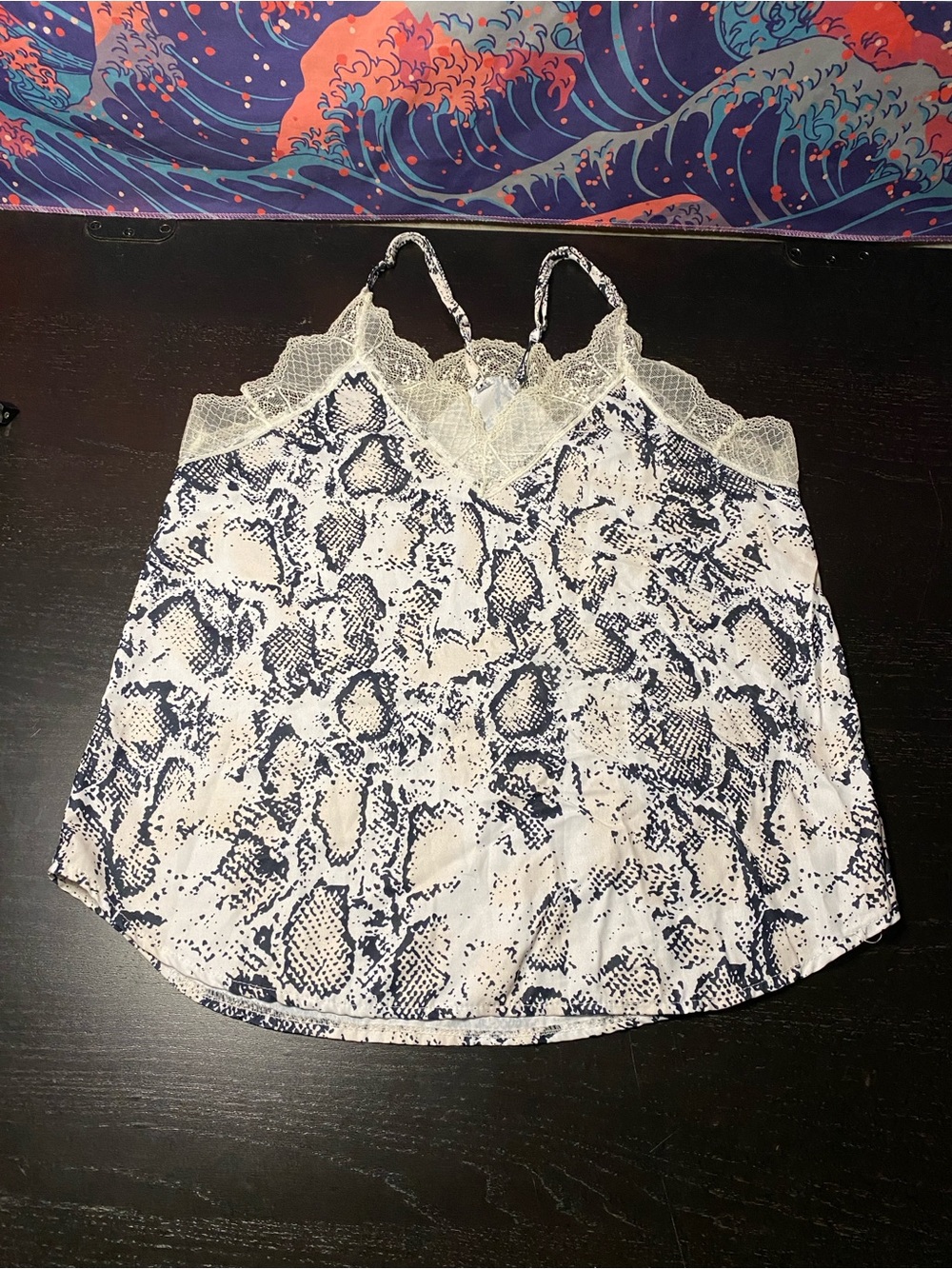 Snake Print Lace Trim Cami Top - Navy & Cream